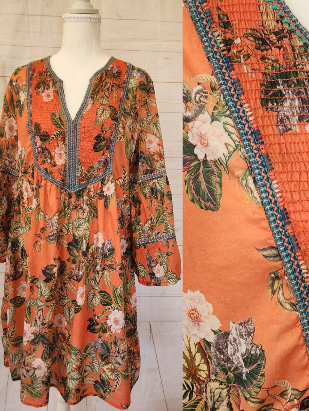 Johnny Was Workshop Small NWOT Floral Orange Boho Smocked V-Neck Women’s Dress